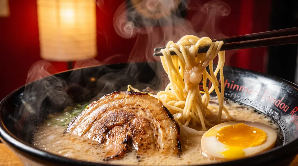 A steaming bowl of ramen with a slice of seared chashu pork, a soft-boiled egg, and noodles being lifted with chopsticks.
