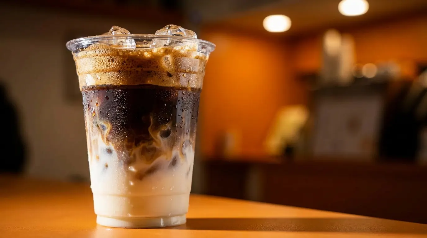 Layered iced Vietnamese coffee on the orange counter at Lermer Cafe.
