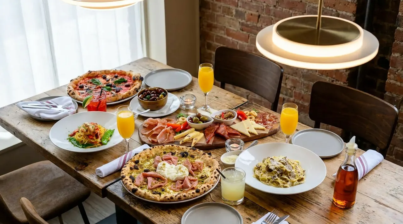 A rustic wooden dining table filled with Italian dishes including two pizzas, two pasta plates, a charcuterie board, olives, orange cocktails, and a bottle of oil under warm pendant lights.