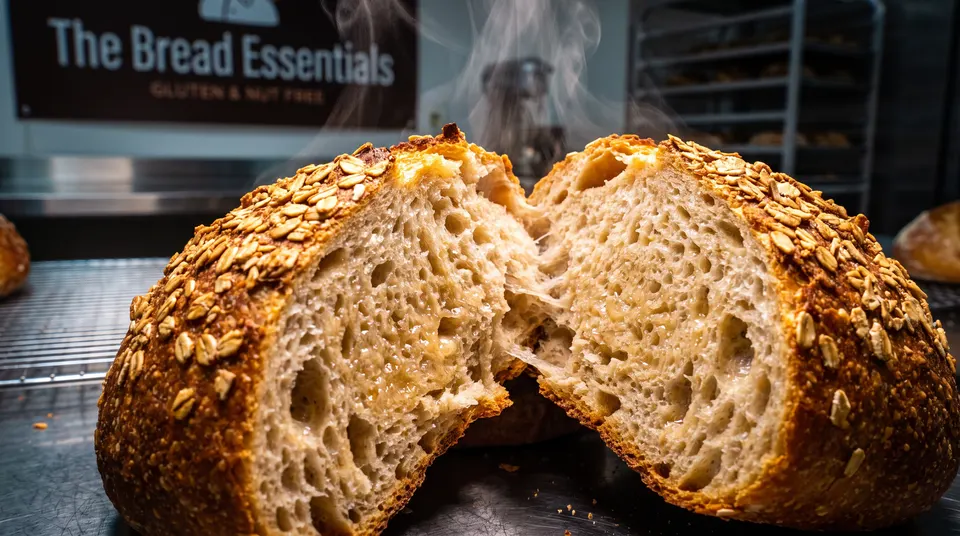 A freshly baked loaf of artisanal sourdough bread, pulled apart to reveal a steaming, airy crumb structure and a golden crust topped with rolled oats.