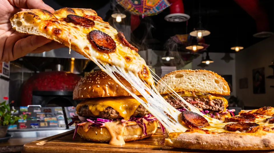 A hand lifts a slice of pepperoni pizza, creating a long, dramatic cheese pull over two gourmet burgers on a wooden board, with another pizza slice resting nearby.