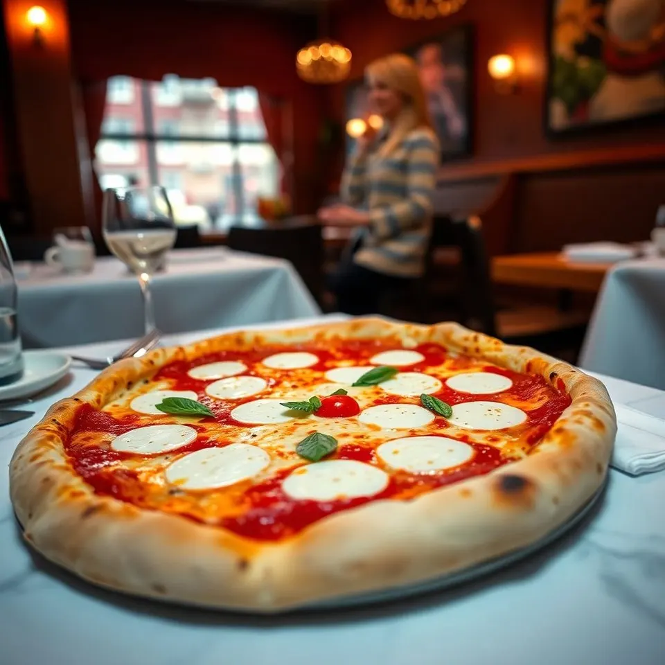 A freshly baked Margherita pizza with melted mozzarella slices, tomato sauce, and fresh basil leaves on a white tablecloth in a restaurant setting.
