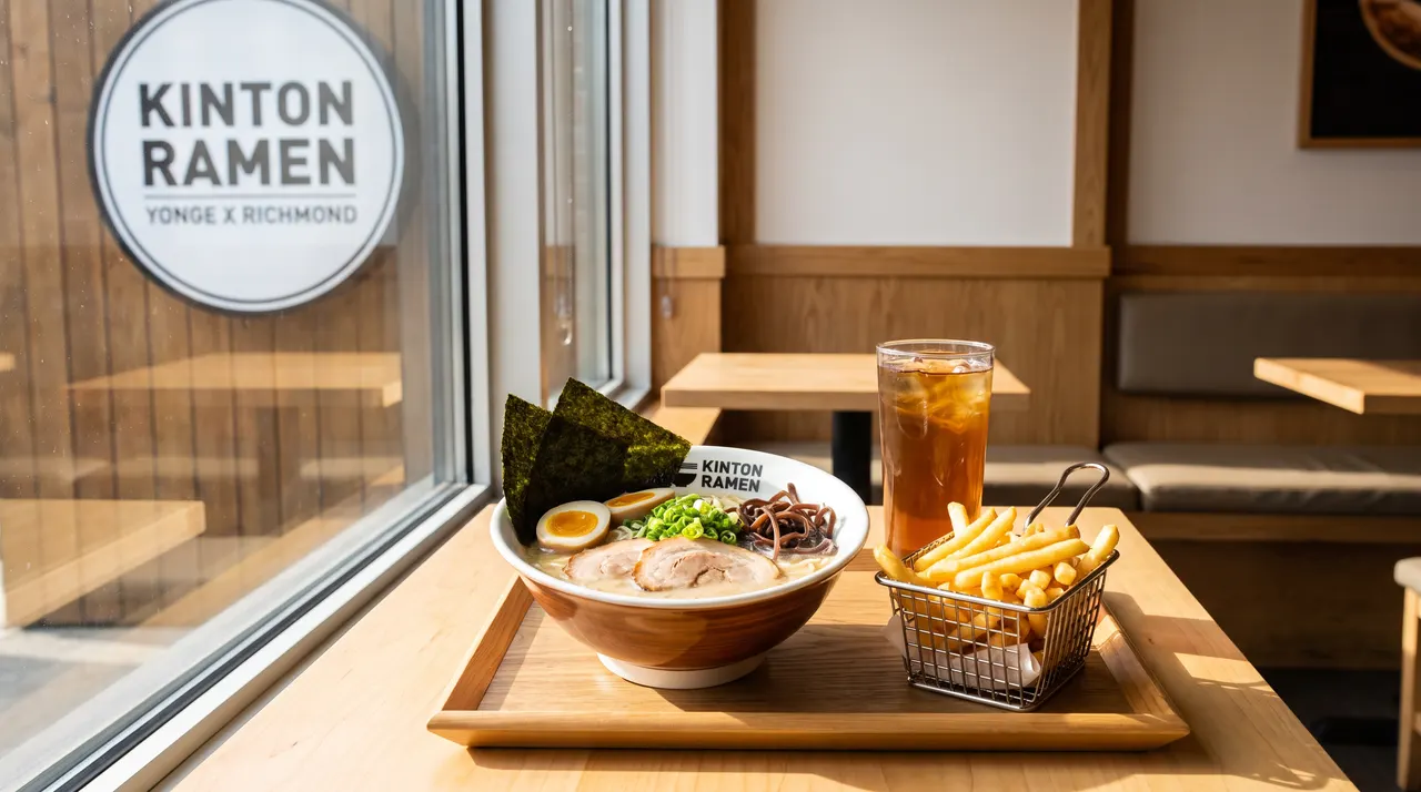 A wooden tray on a sunlit table holds a bowl of ramen with pork belly, soft-boiled egg, and nori, alongside a basket of french fries and a tall glass of iced tea near a window.