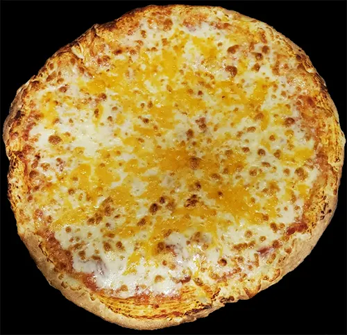 A whole round cheese pizza with a golden-brown crust, topped with melted white mozzarella and patches of yellow cheddar cheese, set against a solid black background.