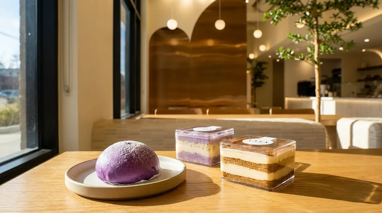 A purple ube bun on a small plate alongside two layered square cake boxes on a sunlit wooden table inside a modern cafe.