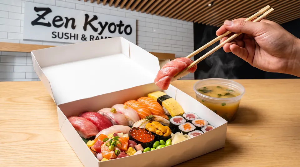 A hand holding a piece of tuna nigiri with chopsticks over an open white takeout box filled with assorted sushi, sashimi, and maki rolls, next to a cup of miso soup on a wooden table.