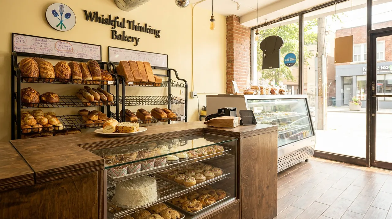 Interior of Whiskful Thinking Bakery showing a wooden service counter with glass display cases filled with cakes and pastries, and metal bread racks stocked with fresh loaves in the background.