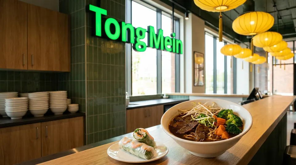A bowl of beef noodle soup with broccoli and bean sprouts next to fresh spring rolls on a wooden counter at Tong Mein restaurant.