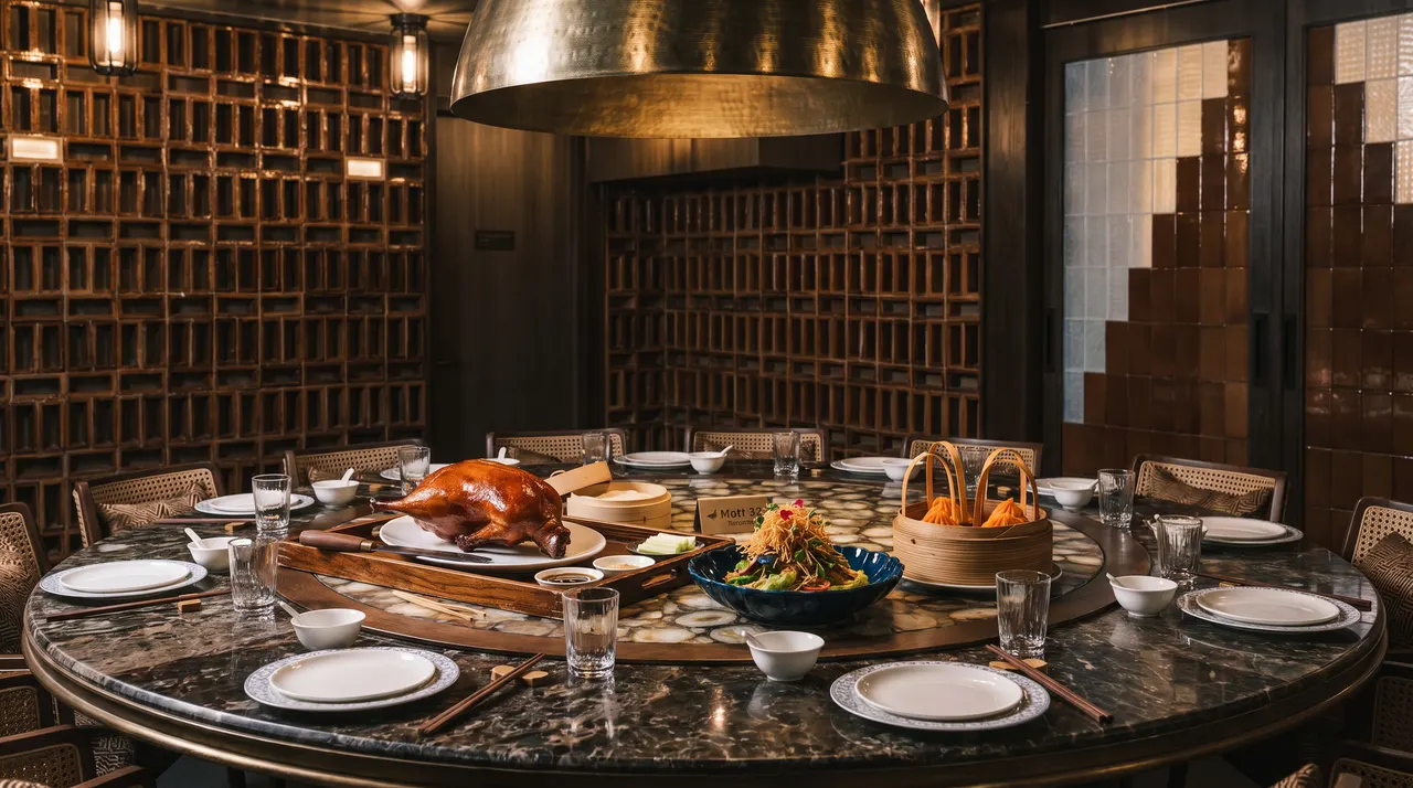 A large round marble dining table set for a group feast at Mott 32 Toronto, featuring a whole roasted Peking duck, dim sum baskets, and a colorful salad under a large metallic dome light fixture.