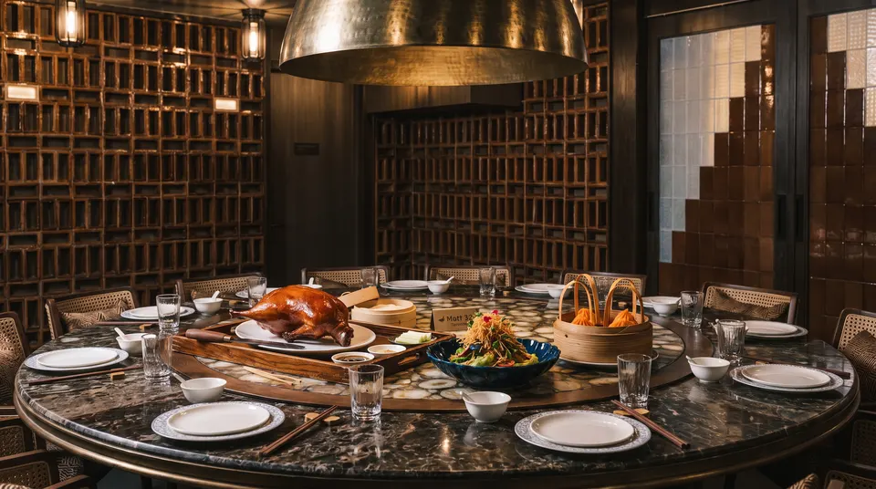 A luxurious group dining setup featuring signature Peking duck and dim sum at Mott 32 Toronto.