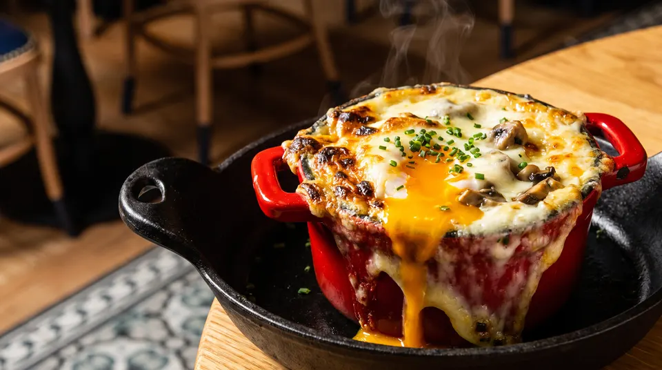 A small red ceramic pot filled with a baked dish topped with melted cheese, mushrooms, chives, and a runny egg yolk spilling down the side, served inside a black cast iron skillet on a wooden table.