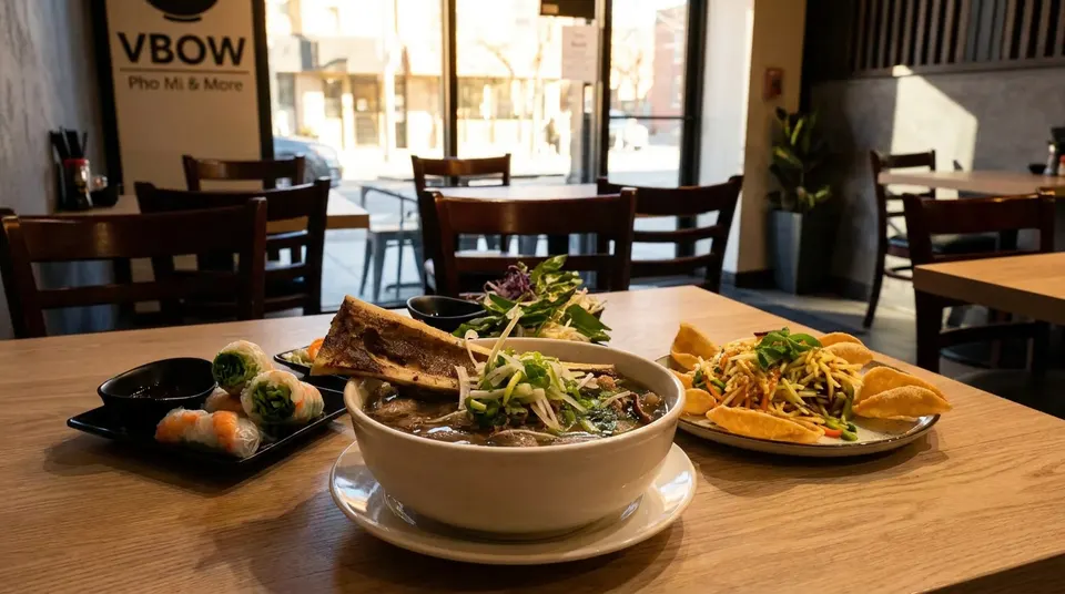 A delicious spread of Vietnamese specialties including bone marrow pho, fresh summer rolls, and salad.