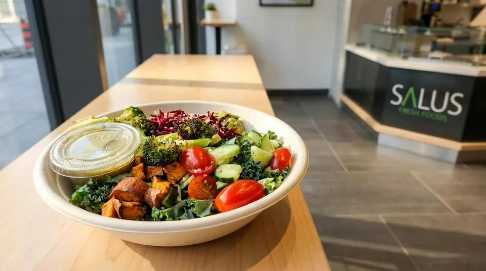 A fresh salad bowl with sweet potatoes, cherry tomatoes, cucumbers, broccoli, and kale, served with dressing on a wooden counter at Salus Fresh Foods.
