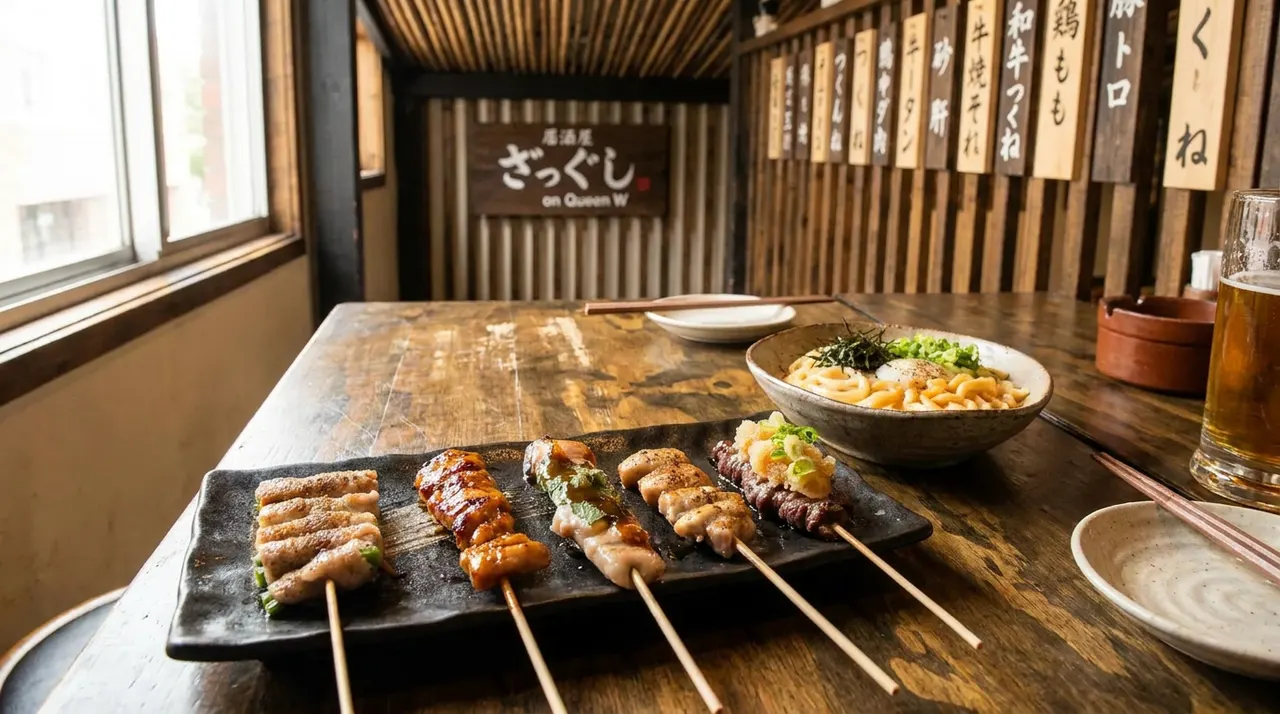 A selection of five Japanese yakitori skewers served on a black rectangular plate alongside a bowl of udon noodles on a rustic wooden table at Zakkushi on Queen W.
