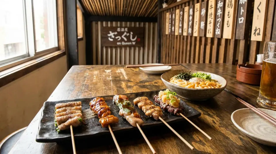 A delicious spread of freshly grilled yakitori skewers and udon noodles at Zakkushi on Queen W.