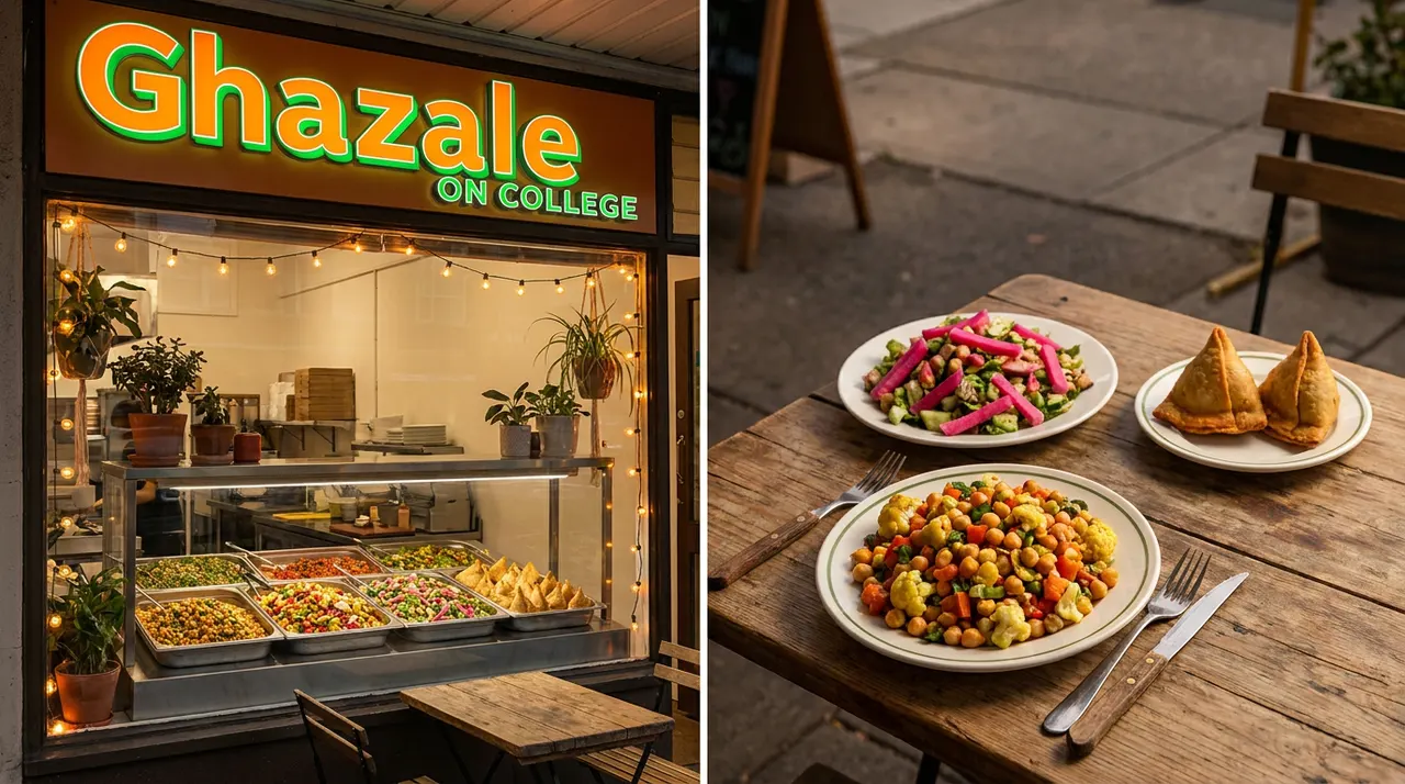 A side-by-side view showing the warm storefront of Ghazale on College with food trays in the window, next to an outdoor wooden table set with plates of chickpea salad, pickled vegetable salad, and samosas.