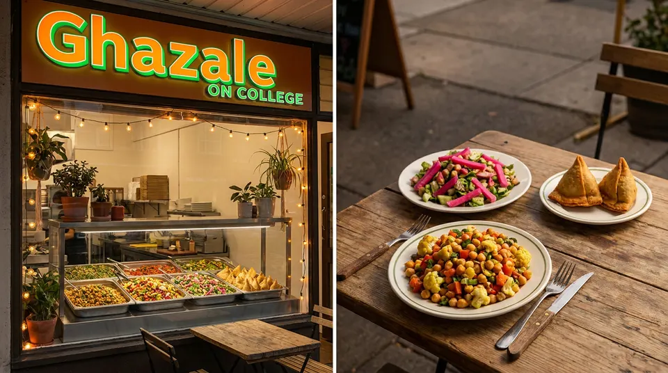 Fresh Middle Eastern salads and samosas served on the patio at Ghazale on College.