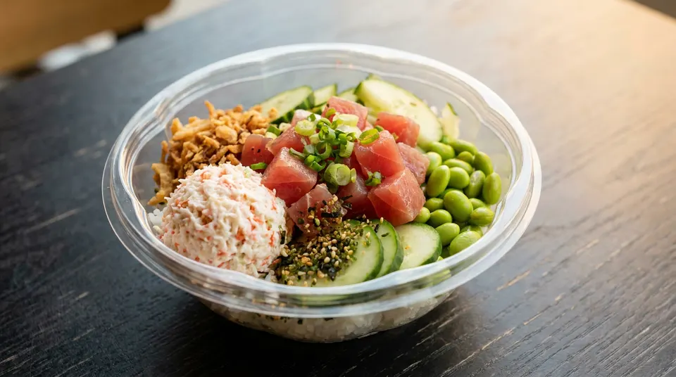 A fresh poke bowl in a clear plastic container on a dark wooden table, featuring cubed raw tuna, edamame, sliced cucumber, crab salad, and crispy onions over white rice.