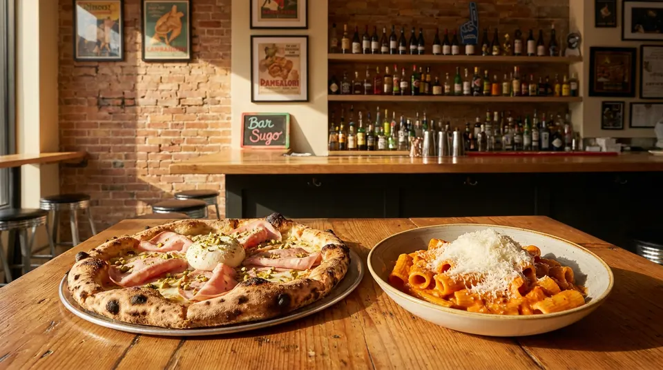 A delicious spread of fresh pizza and rigatoni pasta at Bar Sugo.