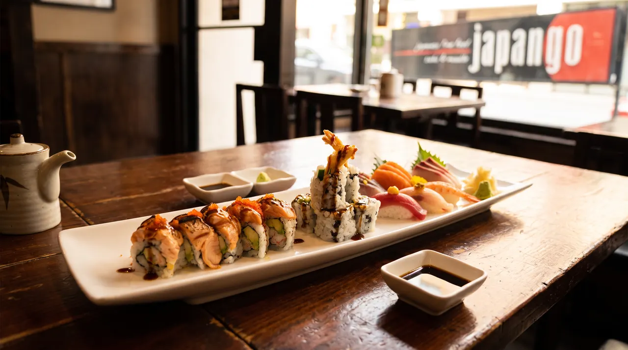 A long white platter of assorted sushi rolls, nigiri, and sashimi sits on a rustic wooden table at Japango, with soy sauce dishes and a teapot nearby.