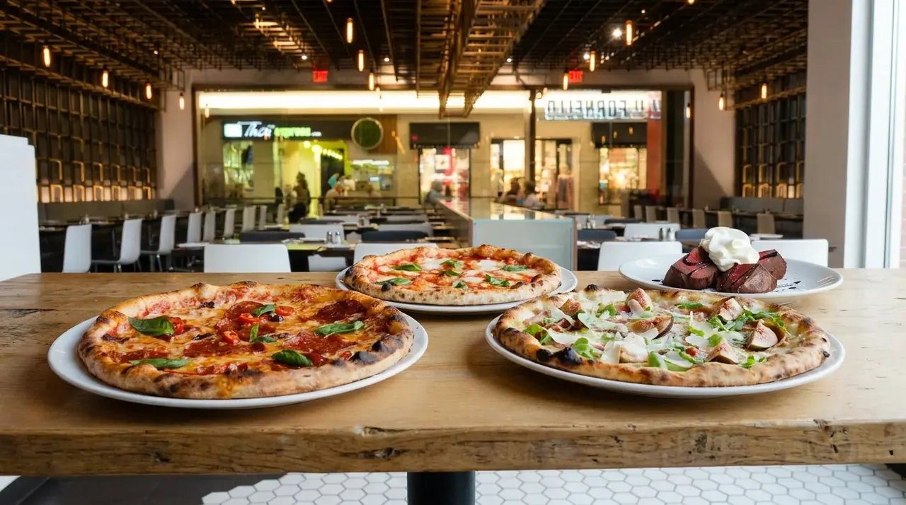 Three freshly baked wood-fired pizzas with various toppings and a dessert plate arranged on a rustic wooden table inside a modern restaurant dining room.