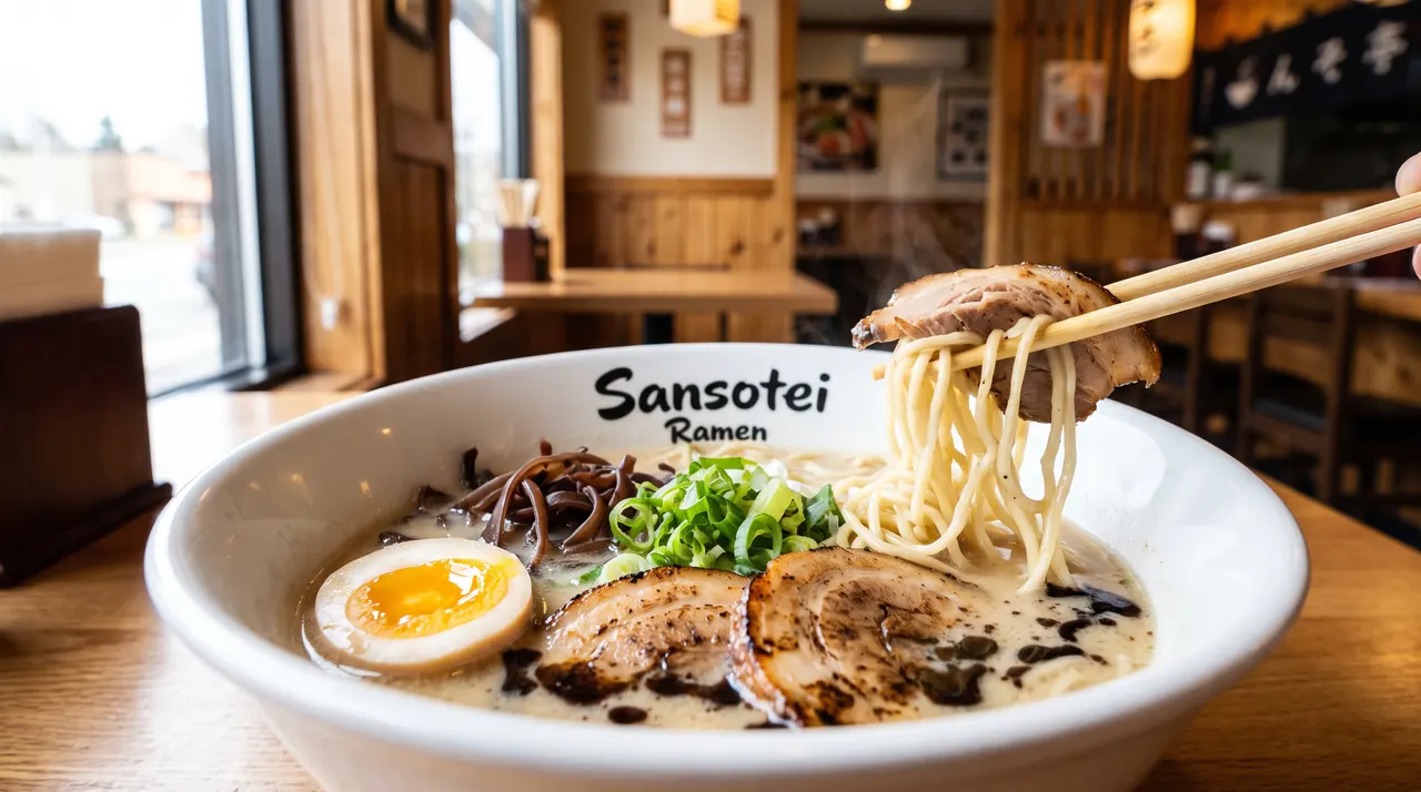A white bowl of ramen with pork chashu, soft-boiled egg, green onions, and wood ear mushrooms, with chopsticks lifting noodles and a slice of pork.
