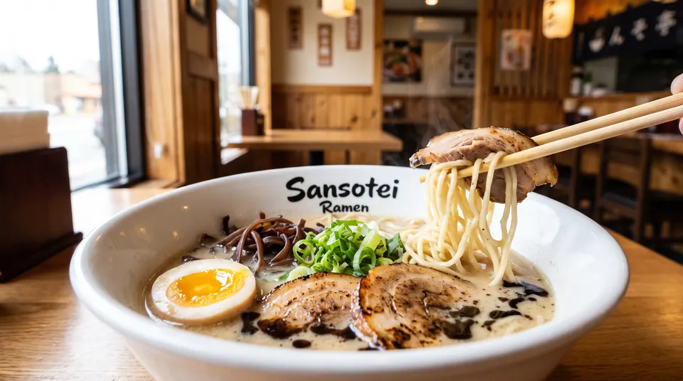 A white bowl of ramen with pork chashu, soft-boiled egg, green onions, and wood ear mushrooms, with chopsticks lifting noodles and a slice of pork.