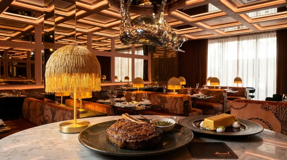 A thick-cut bone-in ribeye steak and a gold-dusted dessert served on a marble table at Animl Steakhouse Toronto, featuring a fringed gold lamp and a luxurious dining room in the background.
