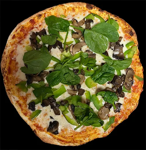 A whole thin-crust pizza topped with melted mozzarella cheese, sliced green bell peppers, mushrooms, and fresh baby spinach leaves, set against a solid black background.
