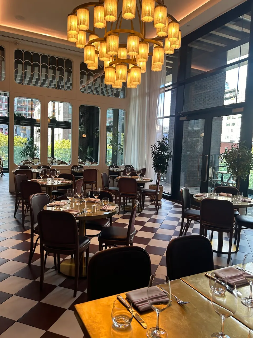 The stylish interior of a modern French restaurant.