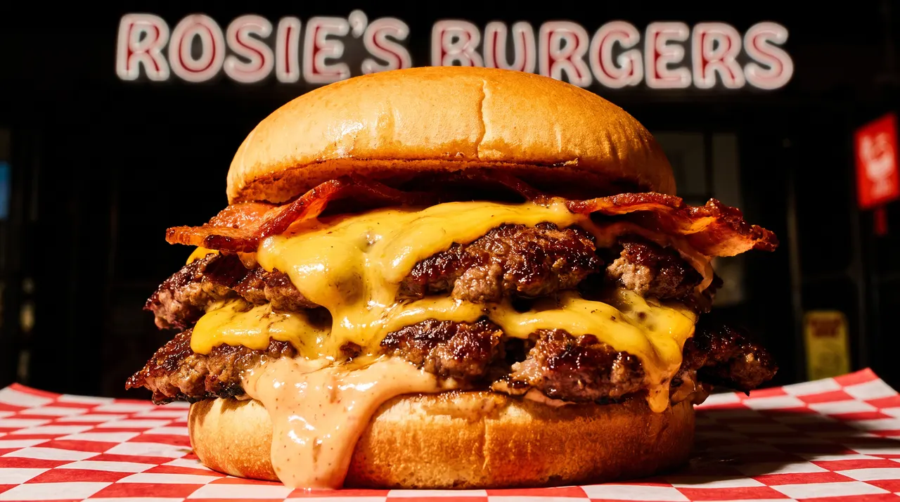 A double cheeseburger with crispy bacon and dripping sauce, served on red and white checkered paper in front of a glowing Rosie's Burgers sign.