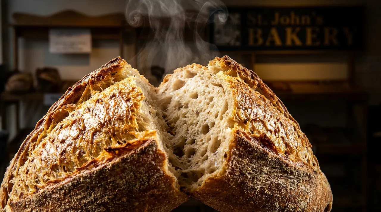A loaf of crusty sourdough bread pulled apart in half, releasing a plume of hot steam, with a blurred bakery interior and a sign reading 'St. John's BAKERY' in the background.