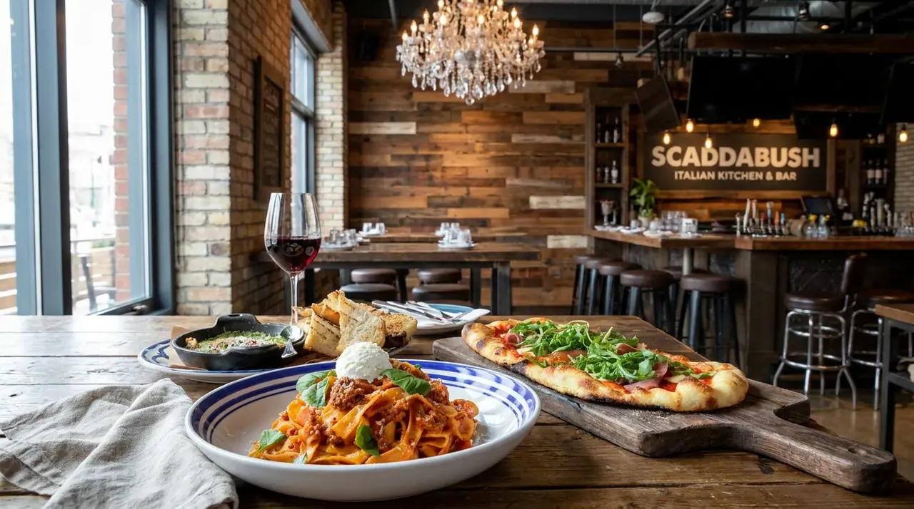 A wooden dining table set with a bowl of pasta topped with ricotta, a flatbread pizza on a wooden board, a glass of red wine, and side dishes, with a rustic restaurant interior and bar in the background.