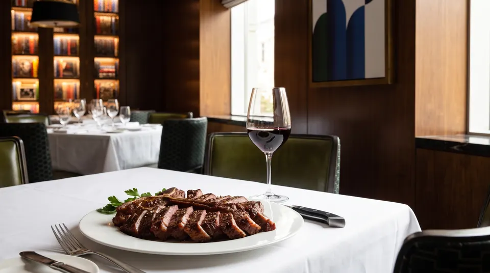 Perfectly sliced steak paired with red wine at Hy's Steakhouse & Cocktail Bar.