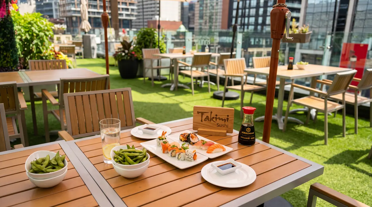 An outdoor rooftop patio with wooden tables and chairs set on green artificial turf. In the foreground, a table is set with sushi platters, edamame bowls, soy sauce, and a wooden sign reading Takimi Sushi.