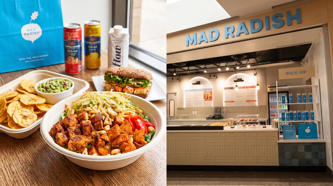 A split image showing a healthy meal of a tofu bowl, plantain chips with guacamole, and a sandwich on the left, and the modern Mad Radish storefront counter on the right.