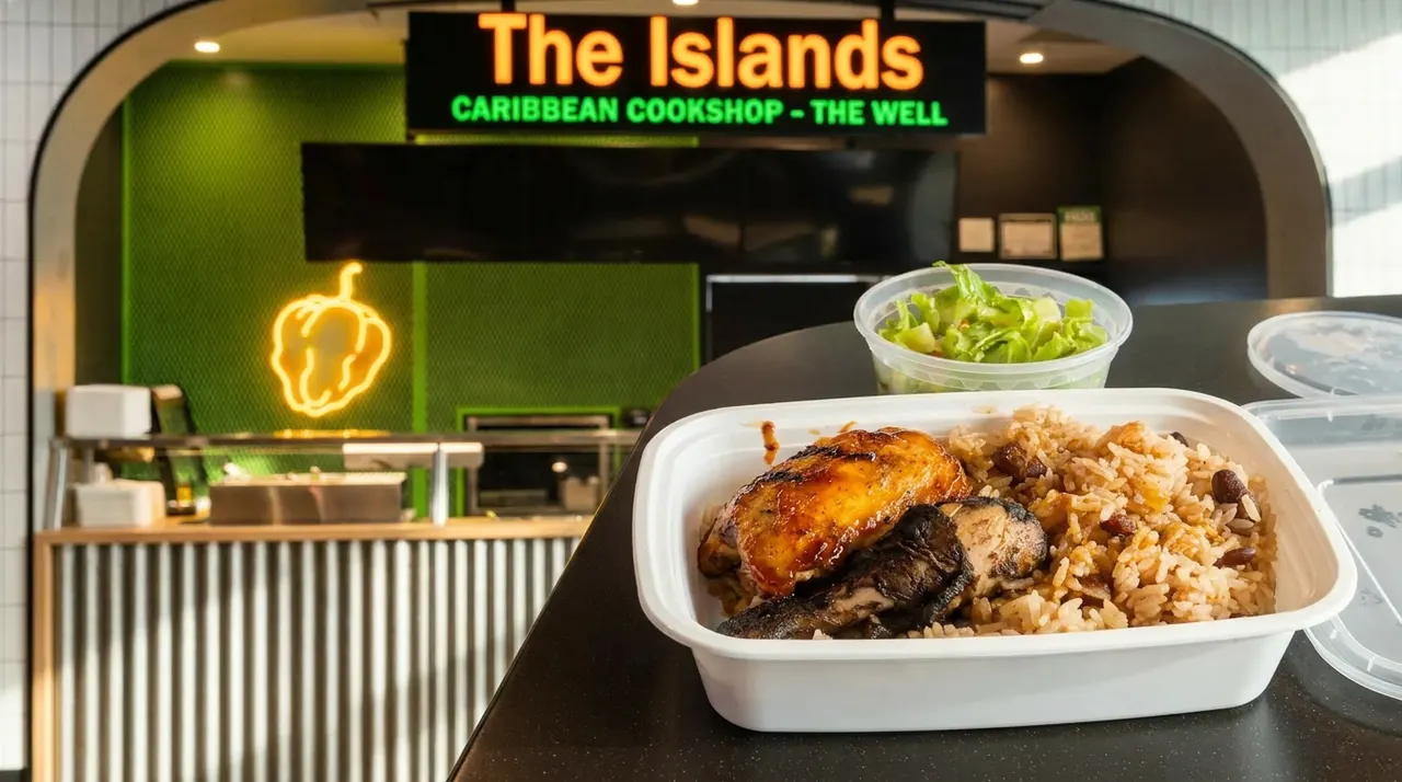 A white takeaway container filled with jerk chicken and rice and peas sits on a dark counter, with a small side salad behind it and the green storefront of The Islands Caribbean Cookshop in the background.