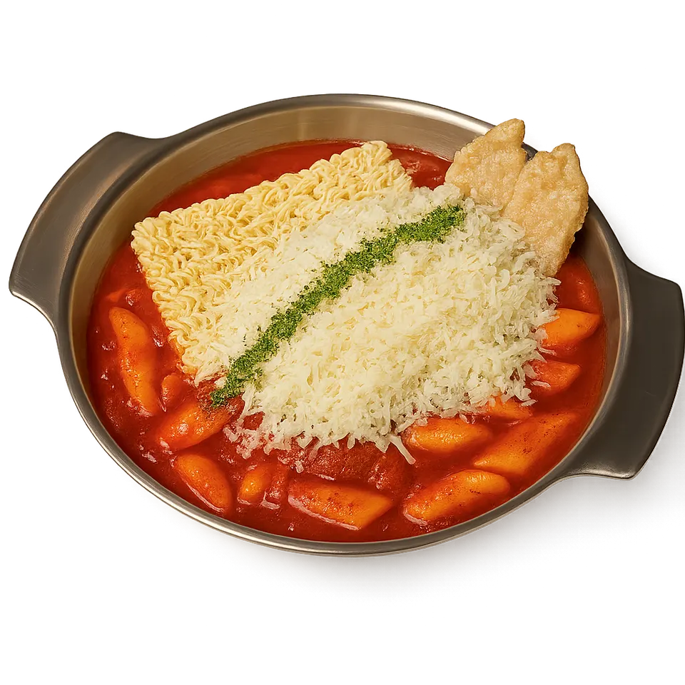 A metal pot of Korean tteokbokki in a rich red sauce, topped with a block of ramen noodles, a generous mound of shredded white cheese garnished with green herb powder, and two pieces of fried mandu.