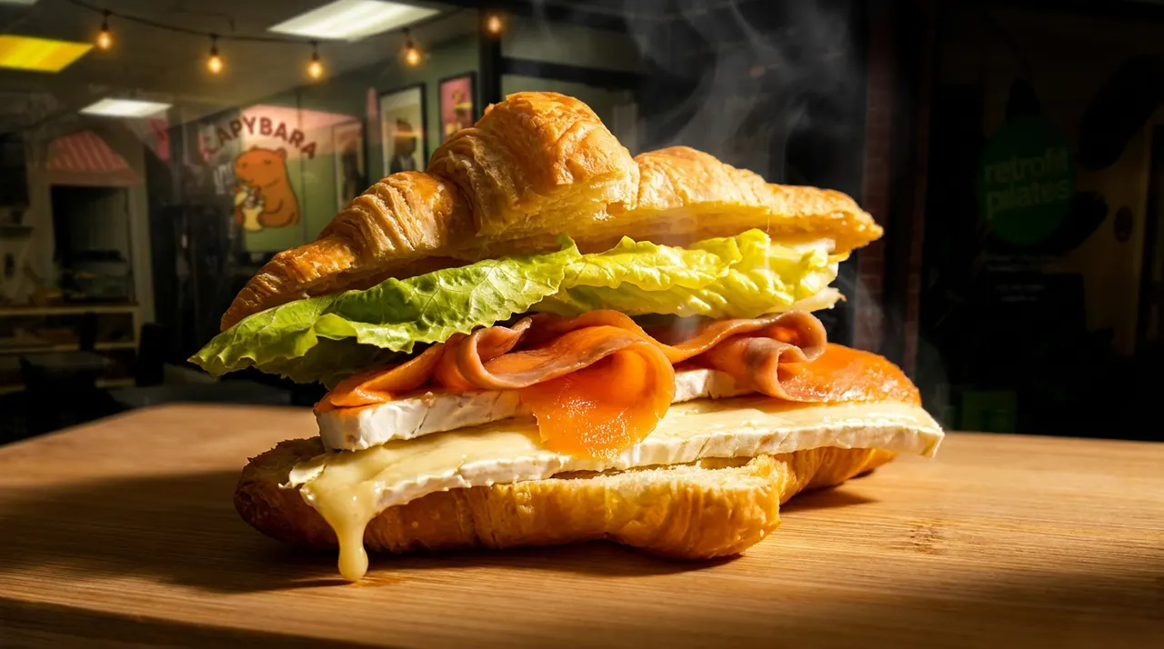 Close-up of Capybara's croissant sandwich with smoked salmon, brie, and lettuce inside the cafe.