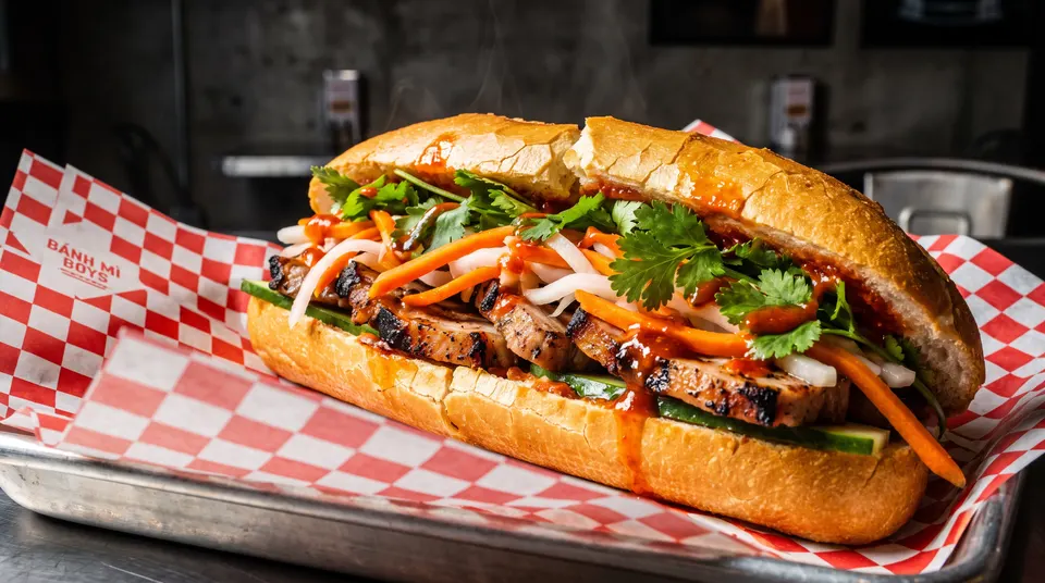 A large, freshly prepared Vietnamese banh mi sandwich filled with grilled pork, pickled carrots, daikon, cucumber, cilantro, and sweet chili sauce, served on red and white checkered paper on a metal tray.