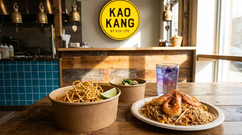 A delicious spread of classic Thai dishes and a refreshing drink at Kao Kang by Koh Lipe.
