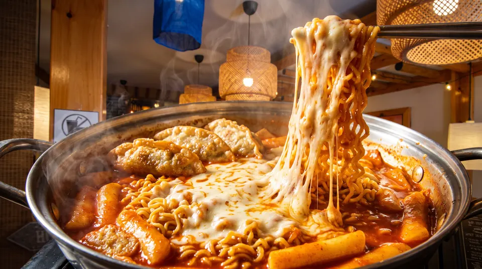 A bubbling hot pot of Korean rabokki topped with melted cheese, ramen noodles being lifted with chopsticks, and fried mandu dumplings on the side.