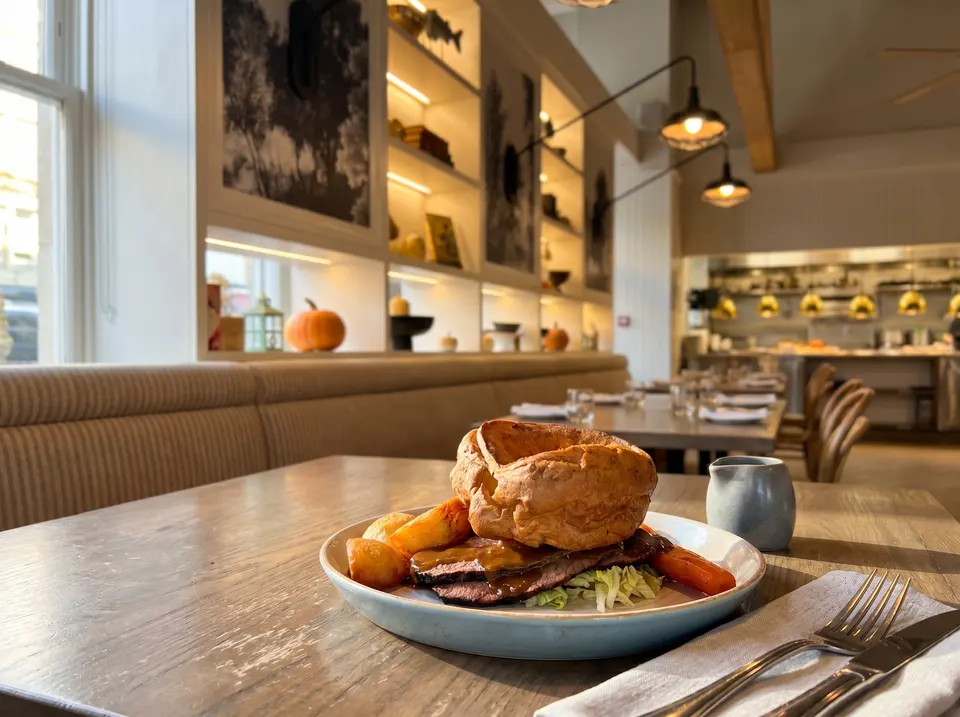 A plate of roast beef with a large Yorkshire pudding, roasted potatoes, and gravy, served on a light blue plate on a wooden table. In the background, a restaurant dining room with booth seating, illuminated shelves, and a visible kitchen area.