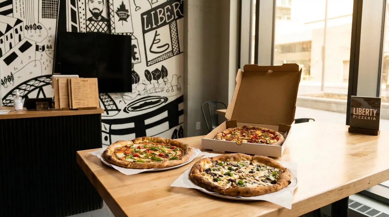 Three freshly baked pizzas on a light wood table at Liberty Pizzeria, with one pizza in an open cardboard box and two on paper-lined plates.