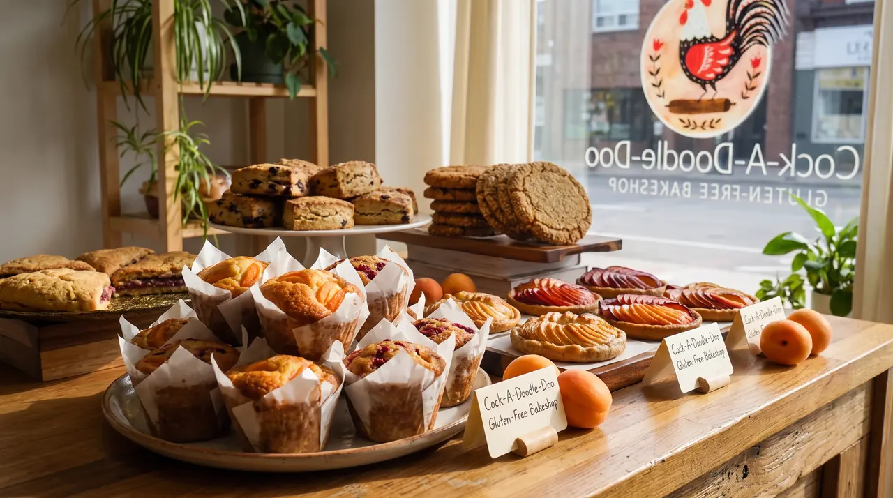 A wooden counter filled with gluten-free baked goods including muffins, scones, cookies, and fruit tarts, with the Cock-A-Doodle-Doo Gluten-Free Bakeshop window sign in the background.