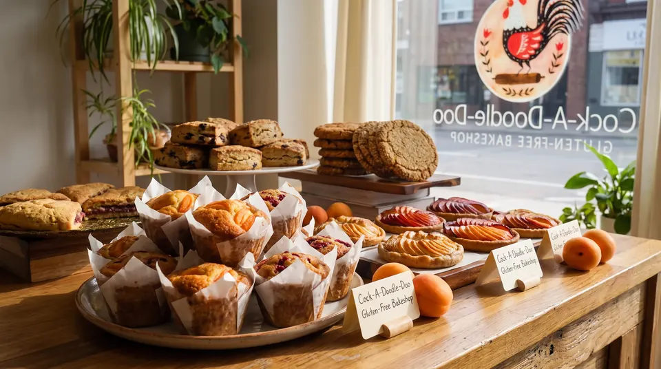 A wooden counter filled with gluten-free baked goods including muffins, scones, cookies, and fruit tarts, with the Cock-A-Doodle-Doo Gluten-Free Bakeshop window sign in the background.