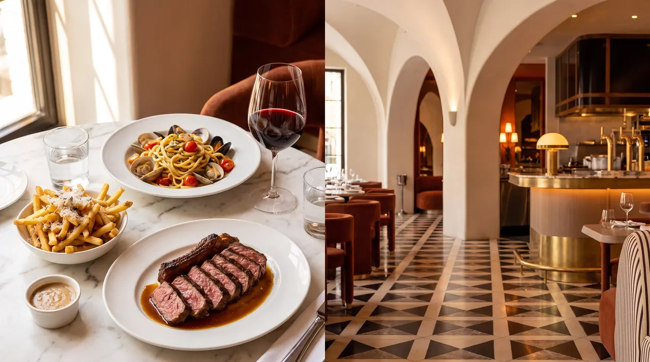 A split image showing a table set with steak, seafood pasta, french fries, and red wine on the left, and a stylish restaurant interior with arched columns and a bar on the right.
