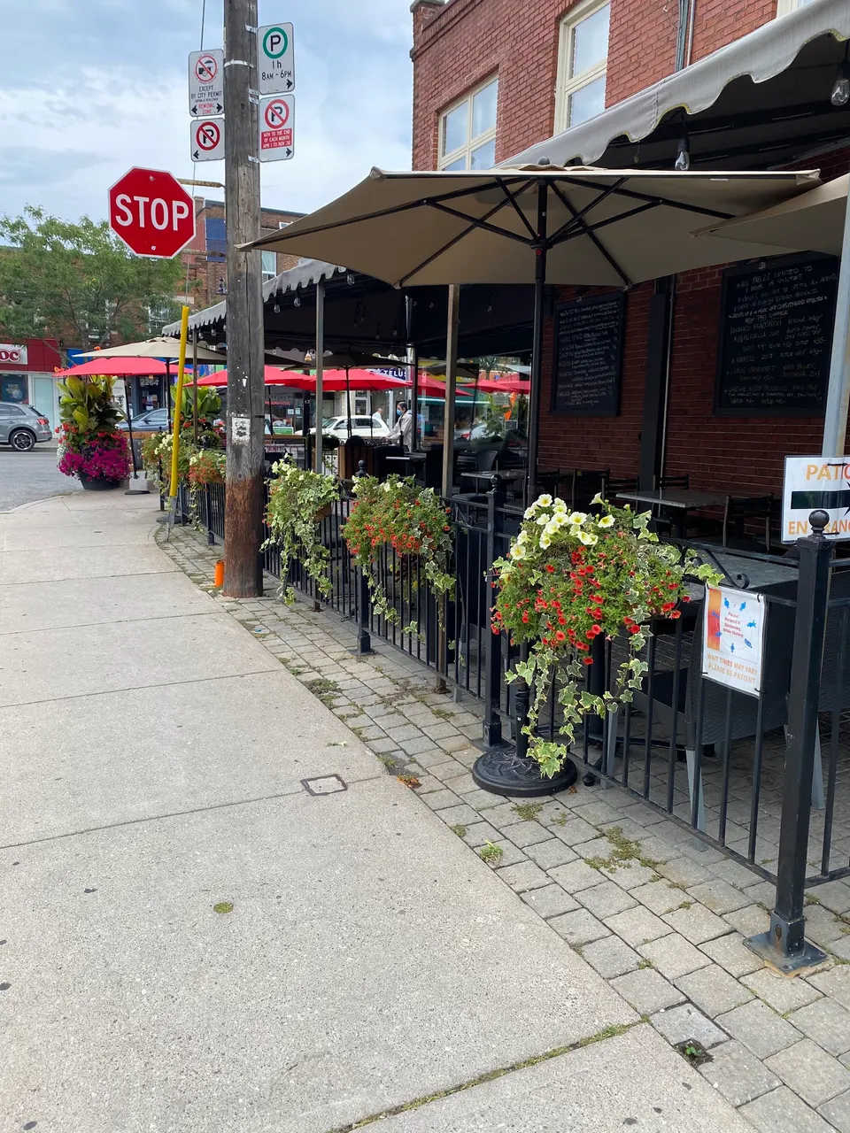 An outdoor patio dining area of Queen's Pasta Café, enclosed by a black metal fence decorated with hanging flower baskets. Large beige umbrellas shade the tables, set along a paved sidewalk.