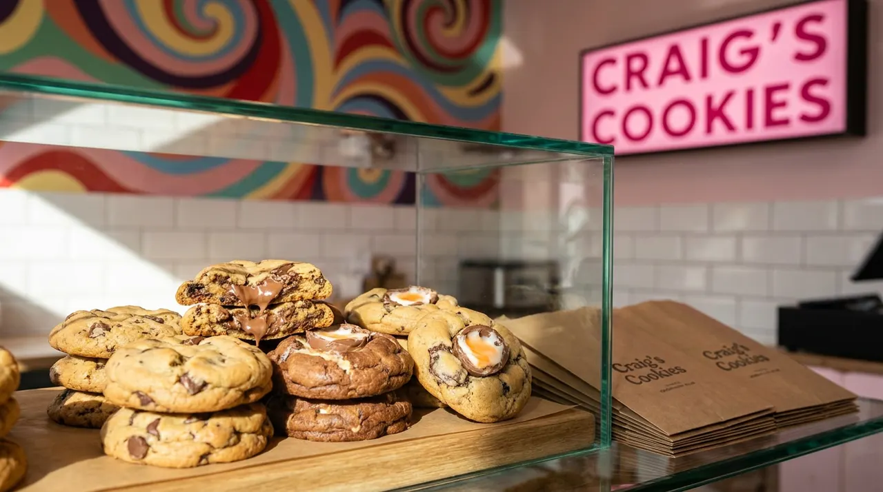 A close-up of a glass display case filled with various freshly baked cookies, including chocolate chip and stuffed cookies, with Craig's Cookies branding in the background.