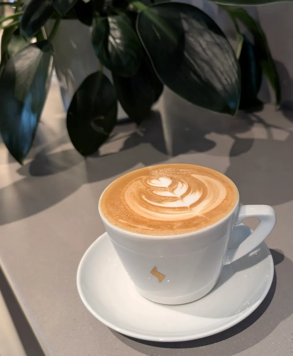 A white ceramic cup of latte with intricate latte art, featuring a heart and leaf design, sits on a matching white saucer. In the background, dark green plant leaves are visible.